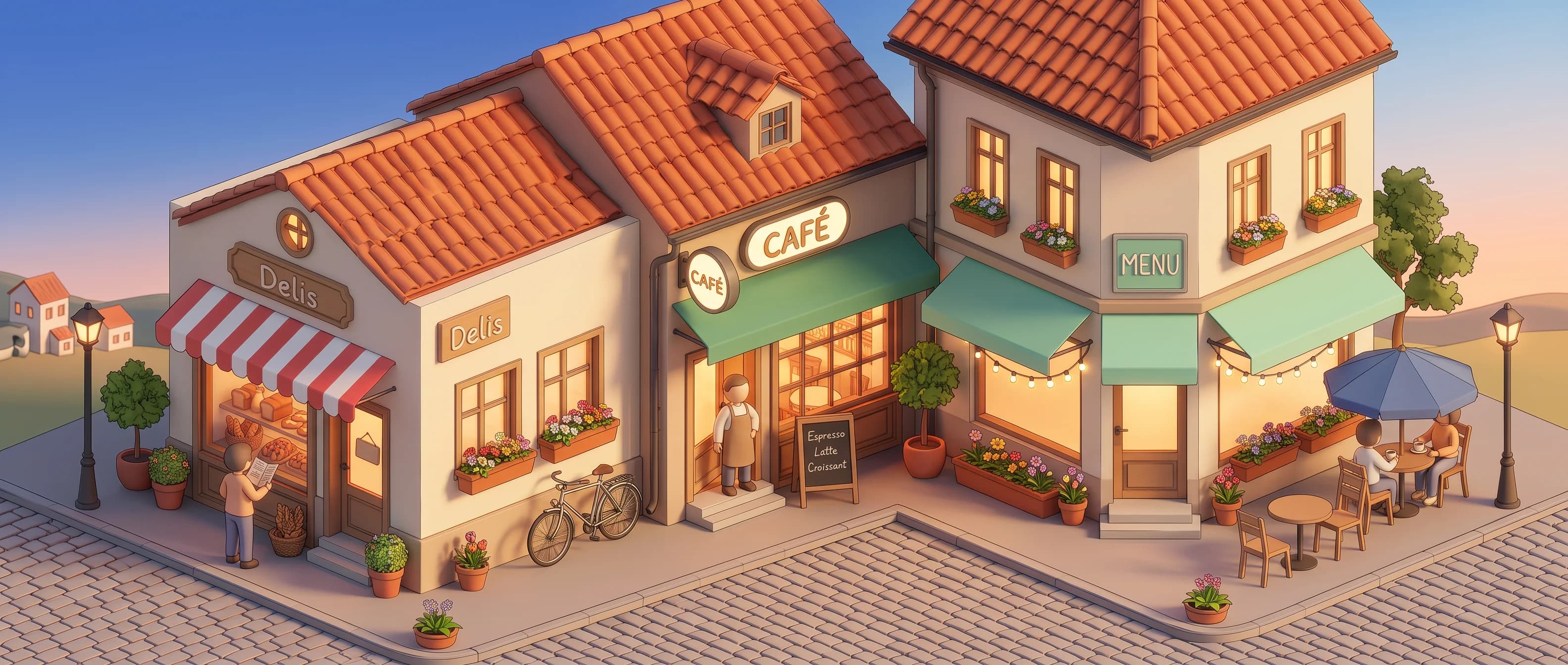An illustrated street at golden hour: a bakery called Delis with a guest reading a menu outside, a café with a waiter in the doorway, and a restaurant with two people at a terrace table